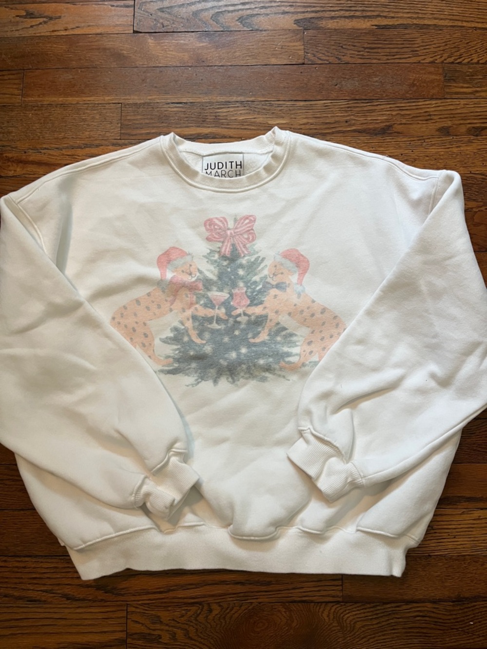 Judith March White Crewneck Sweatshirt with Pink Holiday Graphic